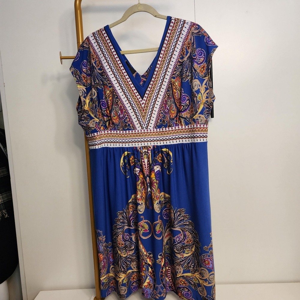 XXL Blue Paisley Sleeveless V-Neck Dress by Kiara, Size XXL